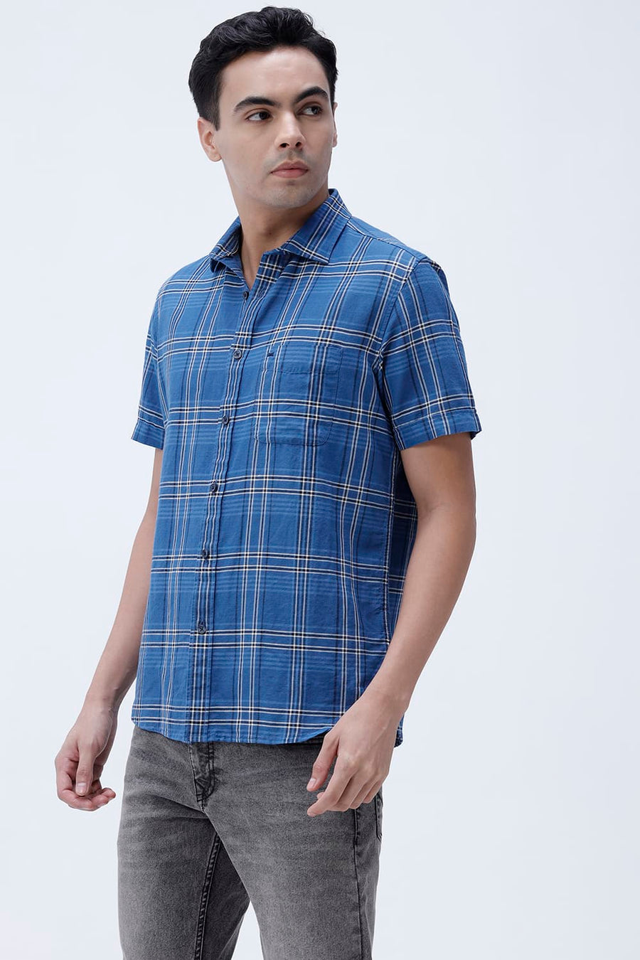 BASICS SLIM FIT PURPLE COTTON LINEN CHECKS HALFSLEEVES SHIRT