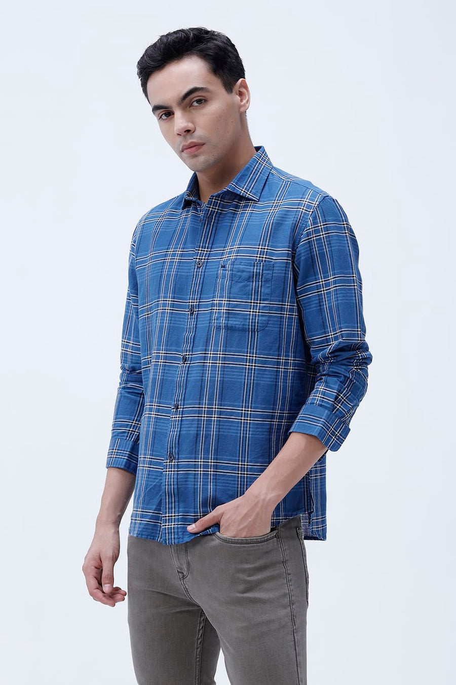BASICS SLIM FIT PURPLE COTTON LINEN CHECKS SHIRT