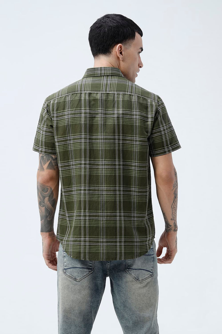 BASICS SLIM FIT TEAL COTTON LINEN CHECKS HALFSLEEVES SHIRT