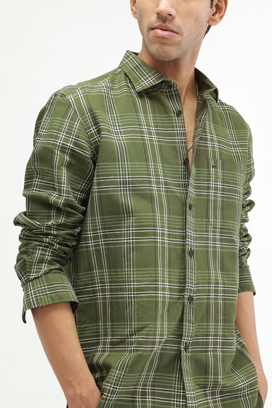 BASICS SLIM FIT TEAL COTTON LINEN CHECKS SHIRT