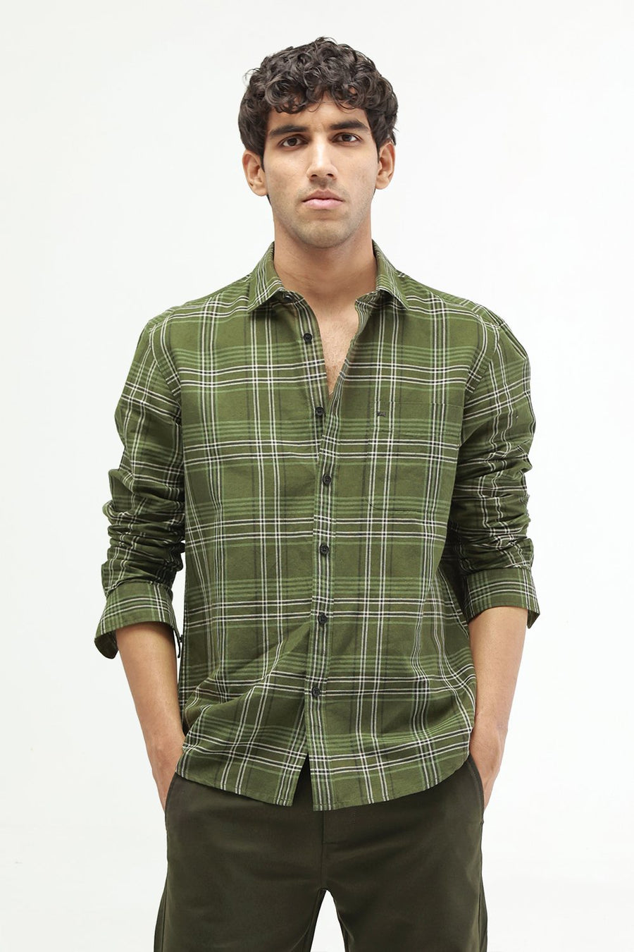 BASICS SLIM FIT TEAL COTTON LINEN CHECKS SHIRT