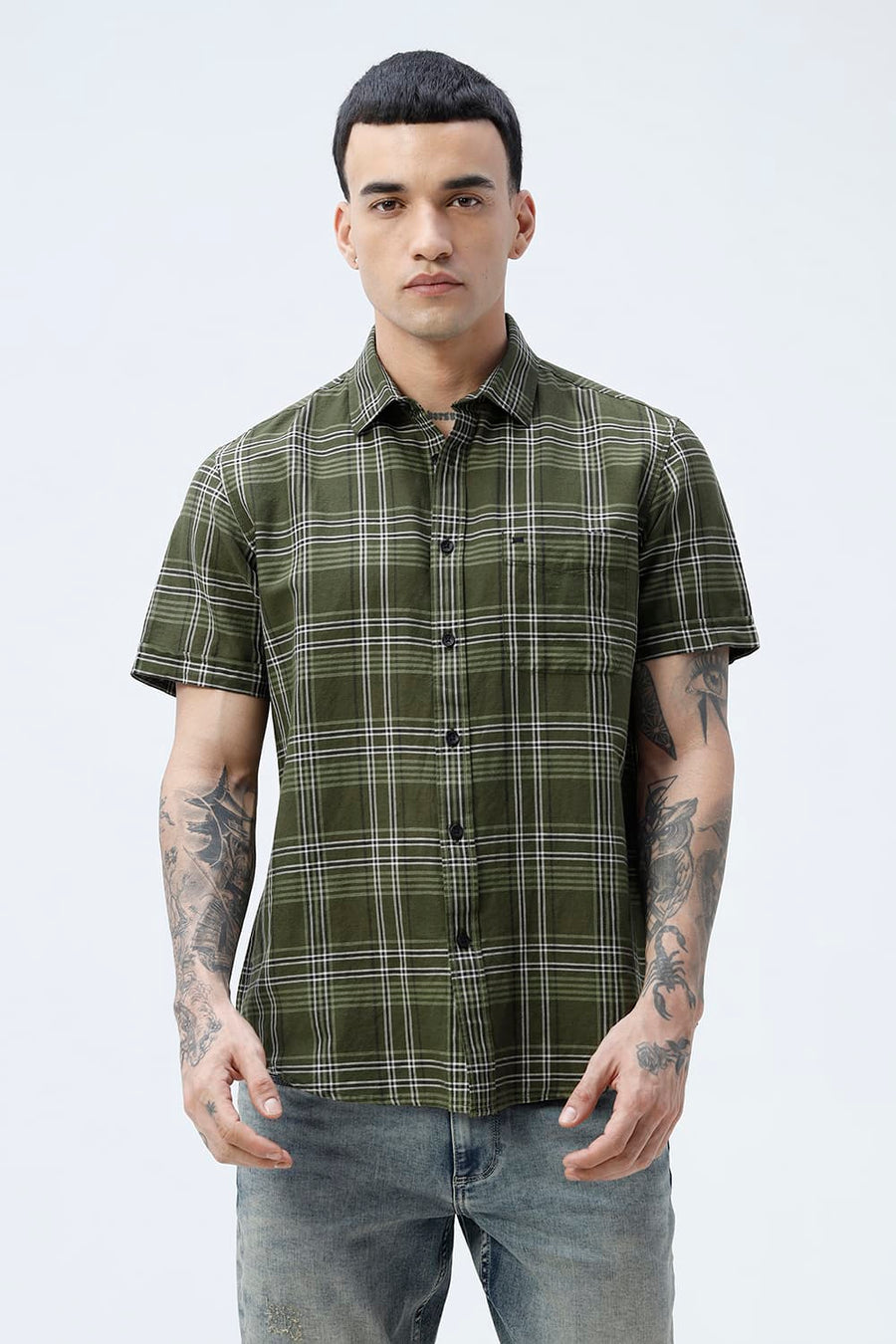 BASICS SLIM FIT TEAL COTTON LINEN CHECKS HALFSLEEVES SHIRT