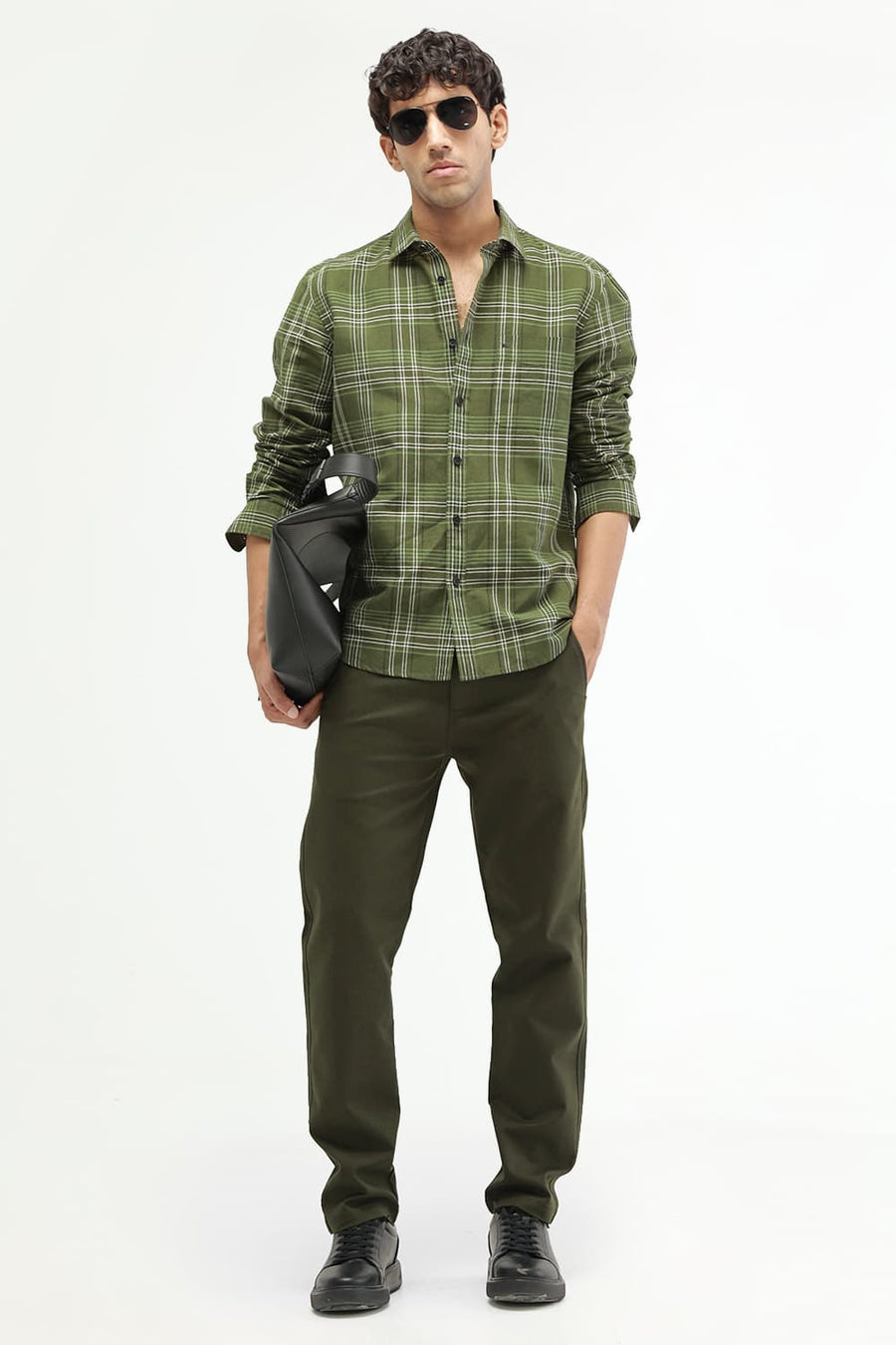 BASICS SLIM FIT TEAL COTTON LINEN CHECKS SHIRT