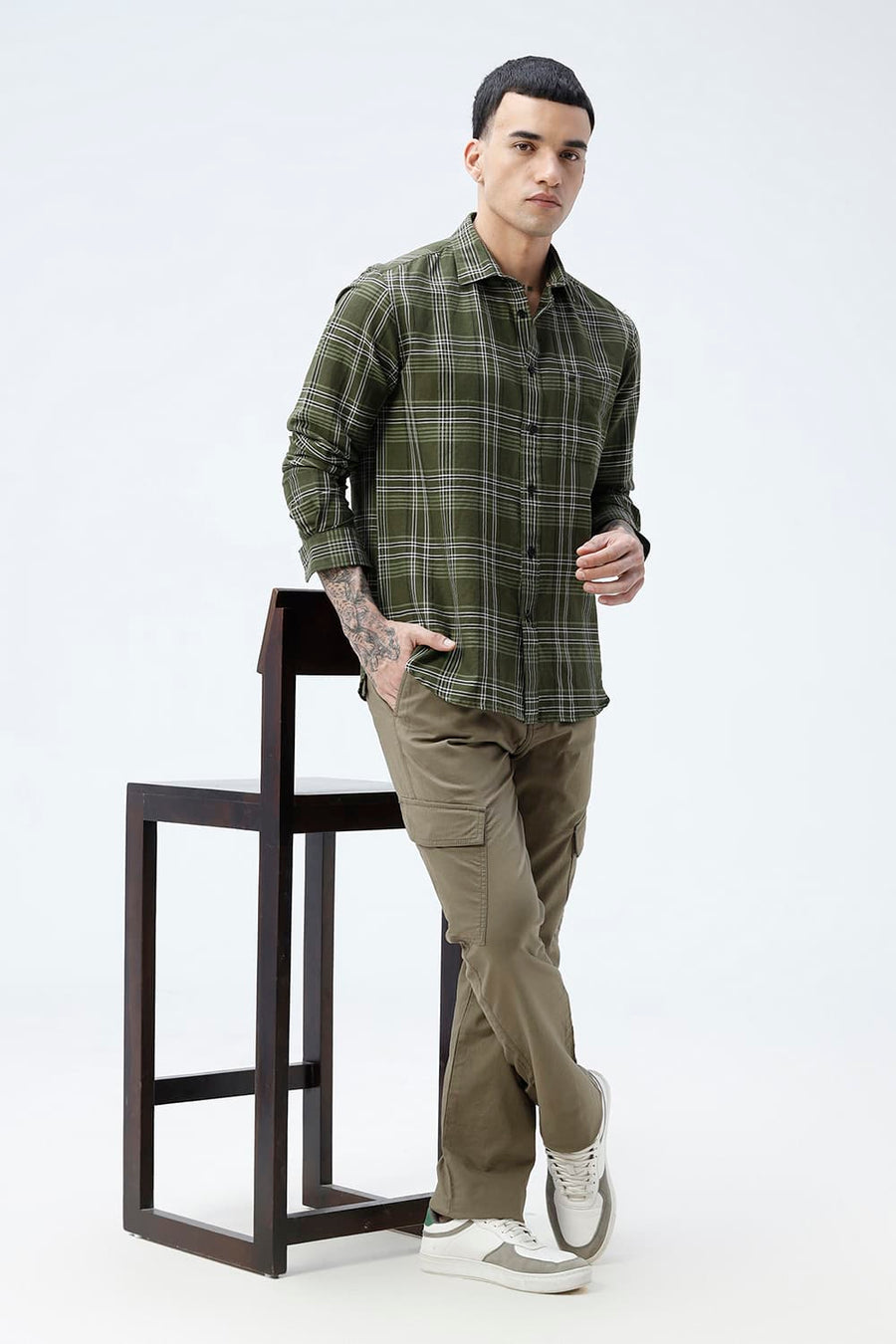 BASICS SLIM FIT TEAL COTTON LINEN CHECKS SHIRT