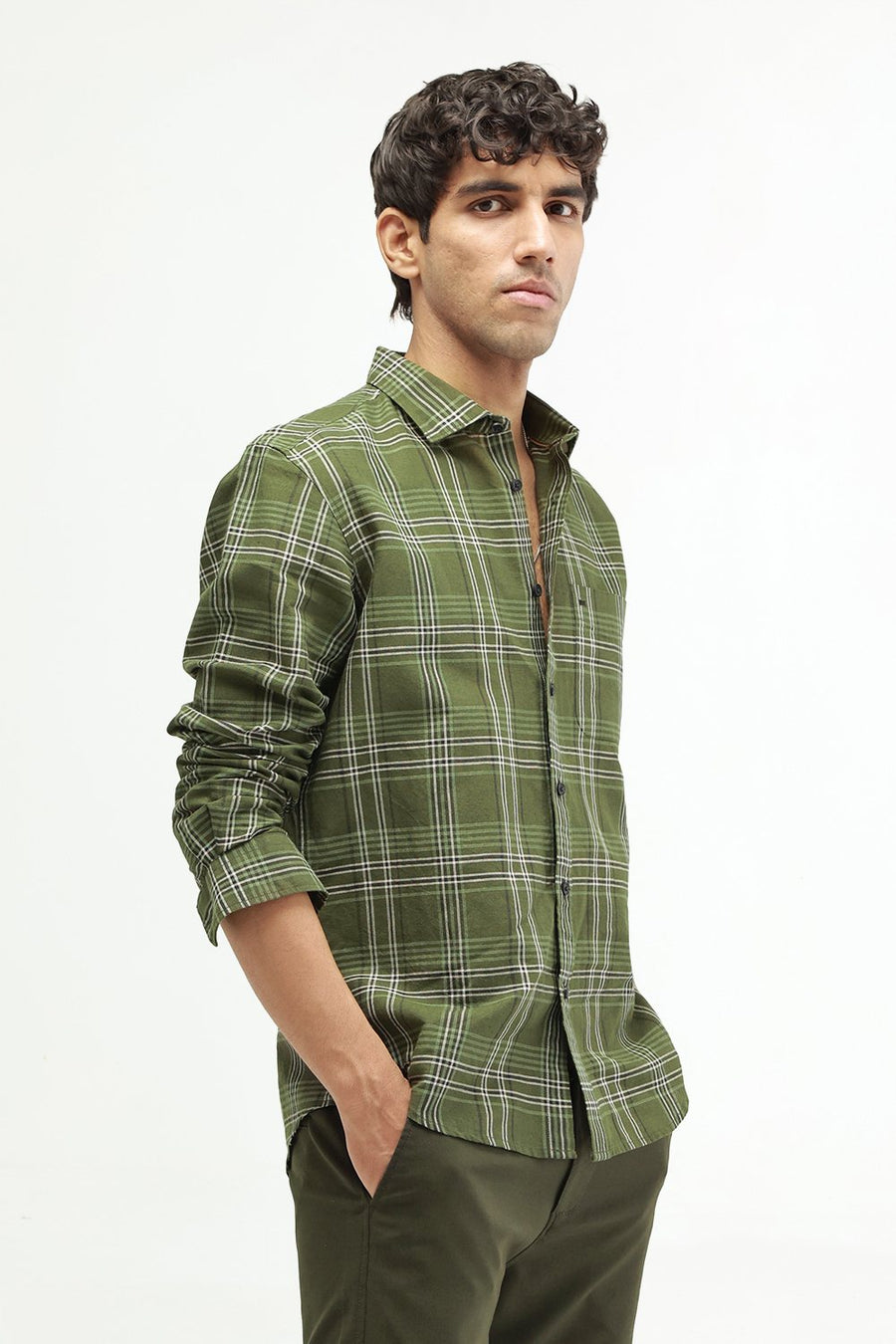 BASICS SLIM FIT TEAL COTTON LINEN CHECKS SHIRT
