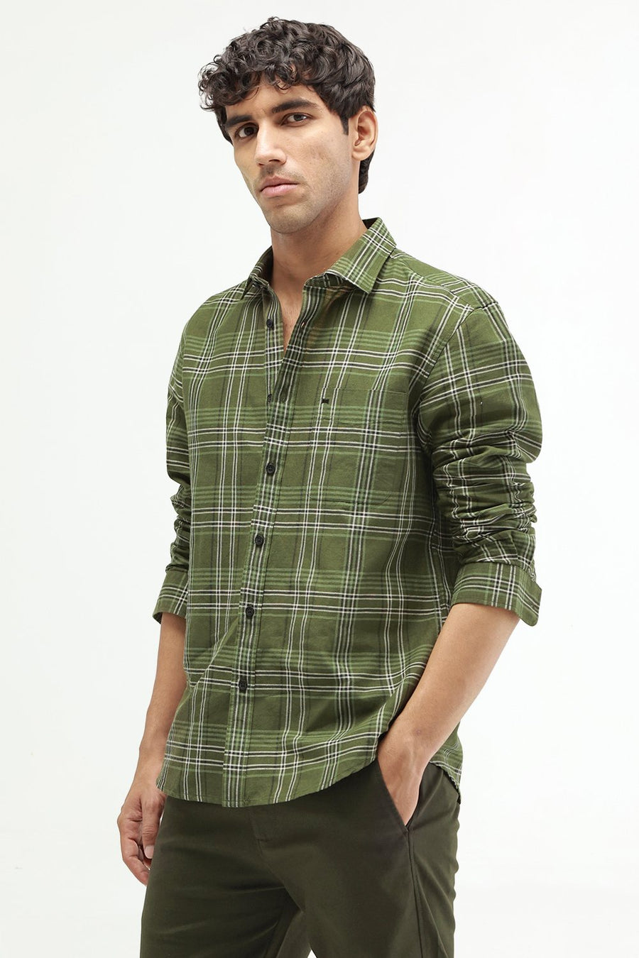 BASICS SLIM FIT TEAL COTTON LINEN CHECKS SHIRT