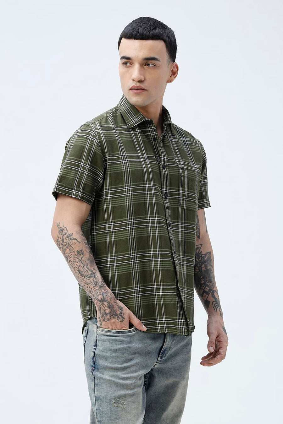 BASICS SLIM FIT TEAL COTTON LINEN CHECKS HALFSLEEVES SHIRT