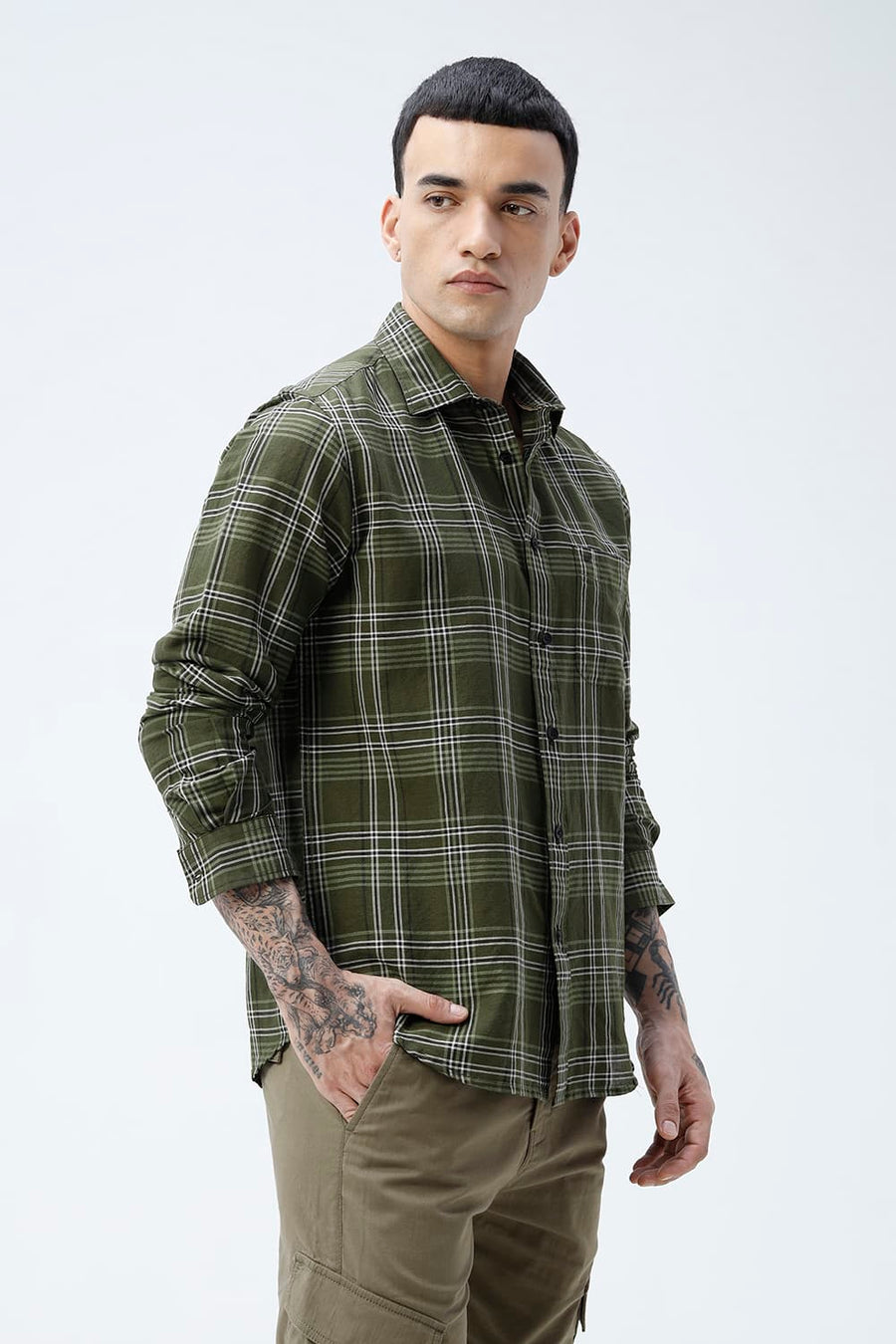 BASICS SLIM FIT TEAL COTTON LINEN CHECKS SHIRT