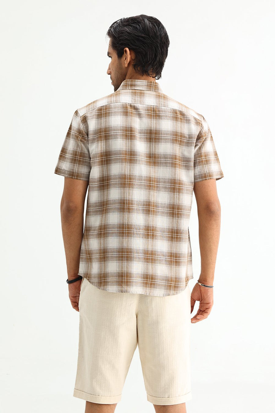 BASICS SLIM FIT WHITE COTTON LINEN CHECKS SHIRT