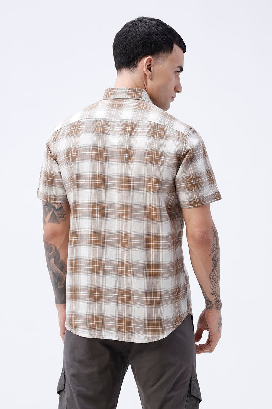 BASICS SLIM FIT WHITE COTTON LINEN CHECKS HALFSLEEVES SHIRT