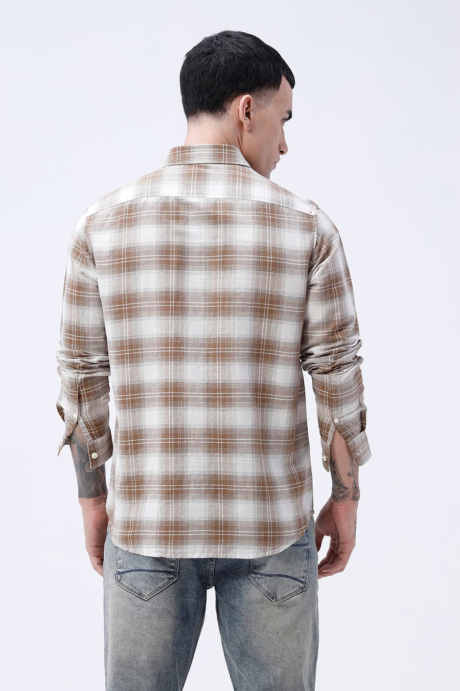 BASICS SLIM FIT WHITE COTTON LINEN CHECKS SHIRT