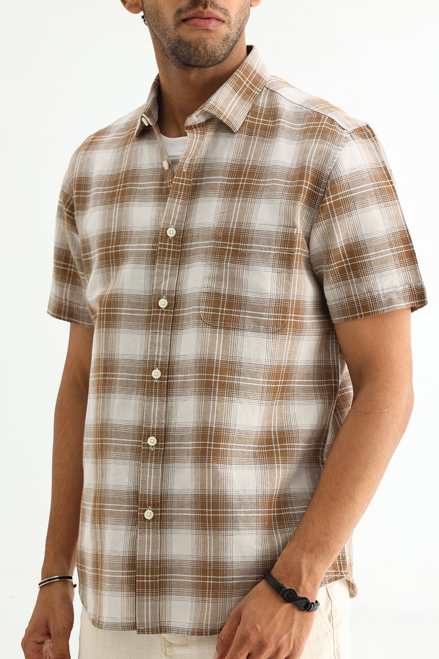 BASICS SLIM FIT WHITE COTTON LINEN CHECKS SHIRT