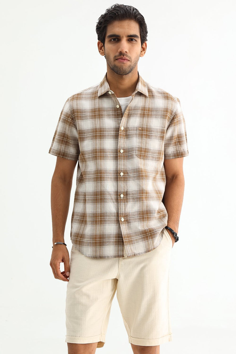 BASICS SLIM FIT WHITE COTTON LINEN CHECKS SHIRT