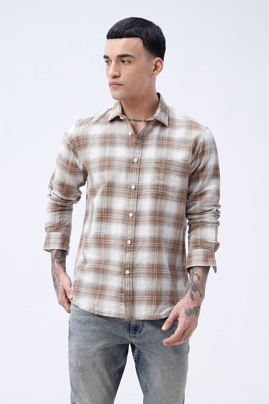 BASICS SLIM FIT WHITE COTTON LINEN CHECKS SHIRT