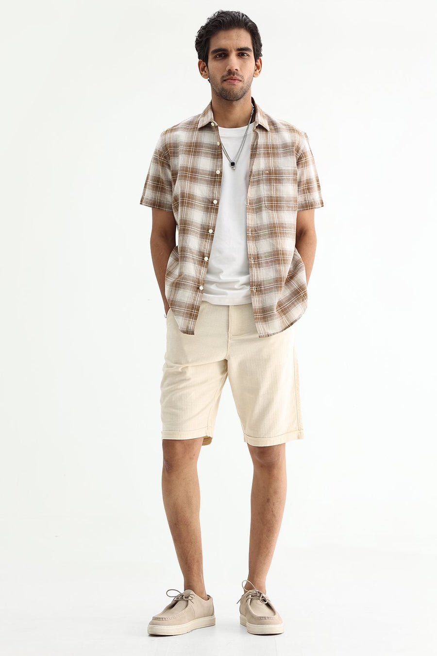 BASICS SLIM FIT WHITE COTTON LINEN CHECKS SHIRT