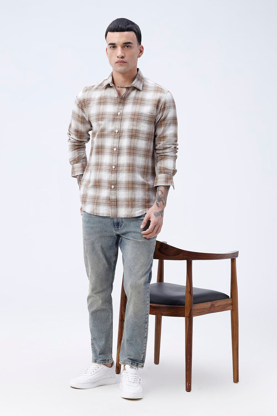 BASICS SLIM FIT WHITE COTTON LINEN CHECKS SHIRT