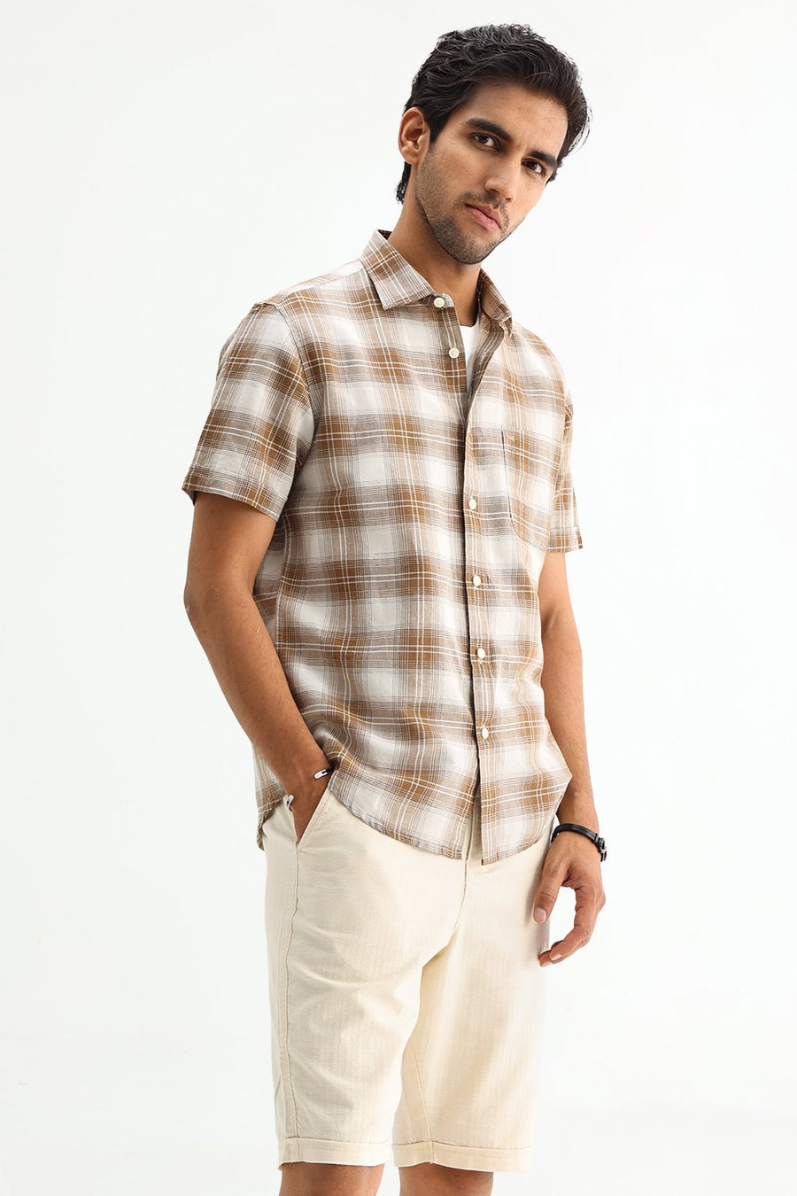 BASICS SLIM FIT WHITE COTTON LINEN CHECKS SHIRT