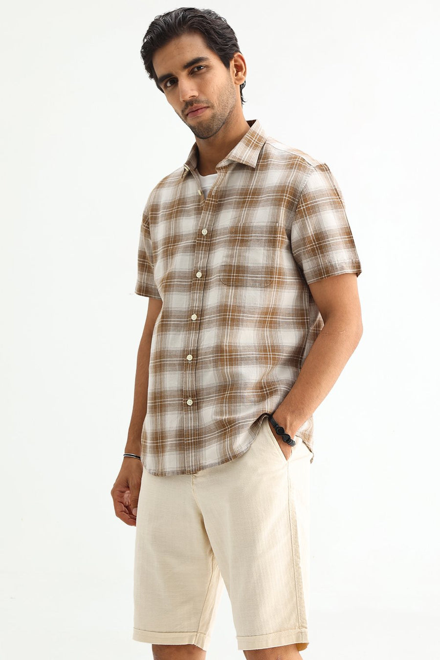 BASICS SLIM FIT WHITE COTTON LINEN CHECKS SHIRT