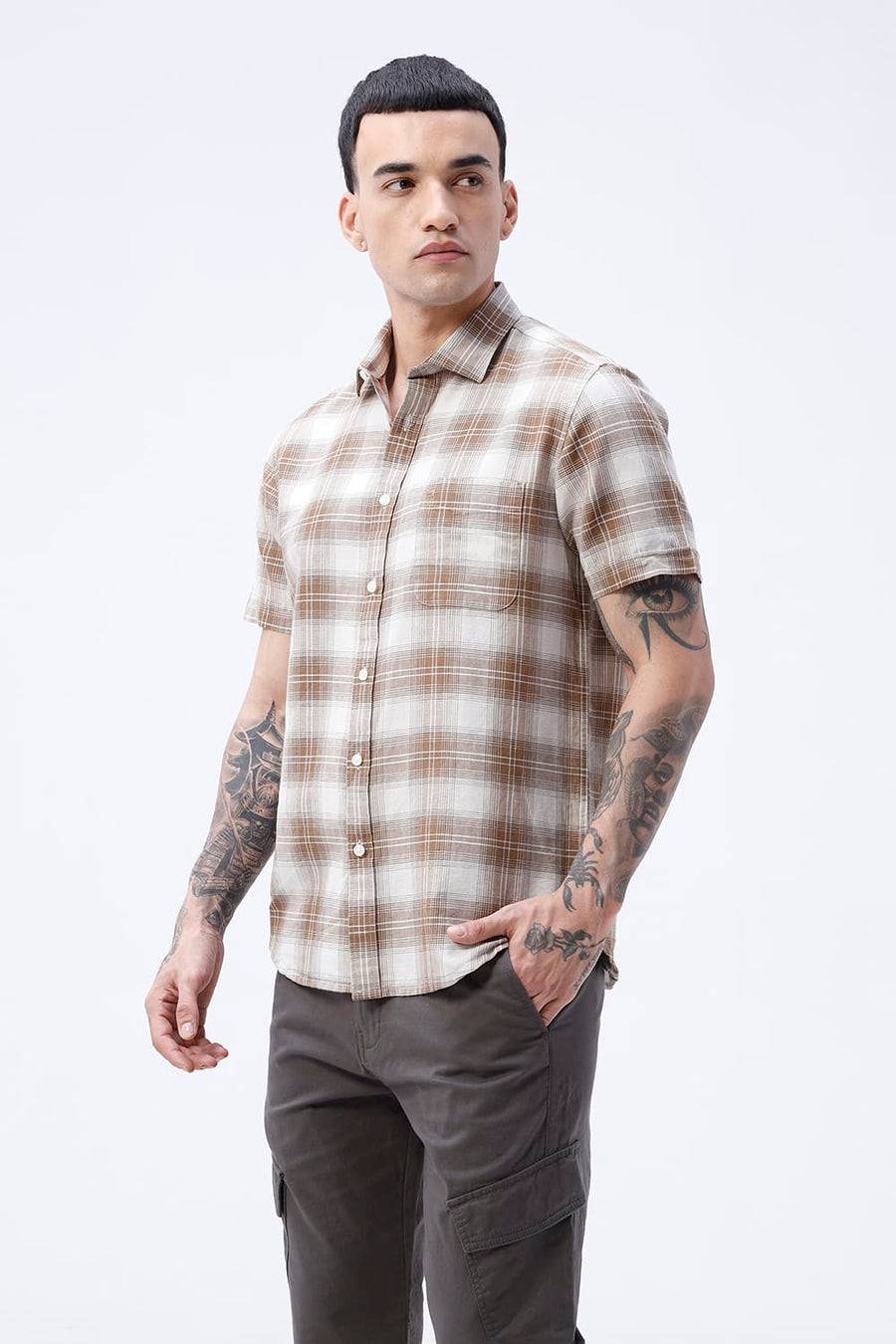 BASICS SLIM FIT WHITE COTTON LINEN CHECKS HALFSLEEVES SHIRT