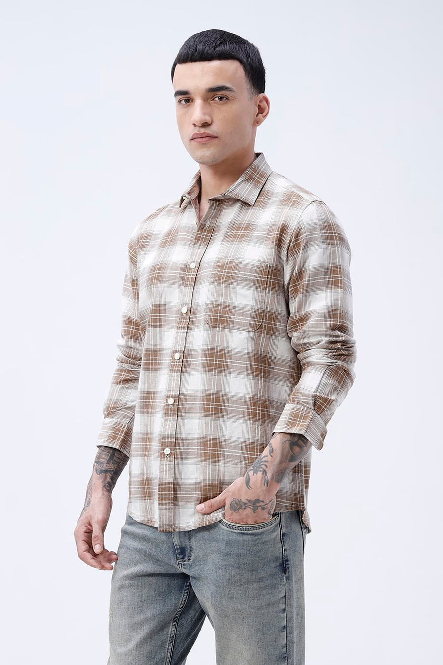 BASICS SLIM FIT WHITE COTTON LINEN CHECKS SHIRT