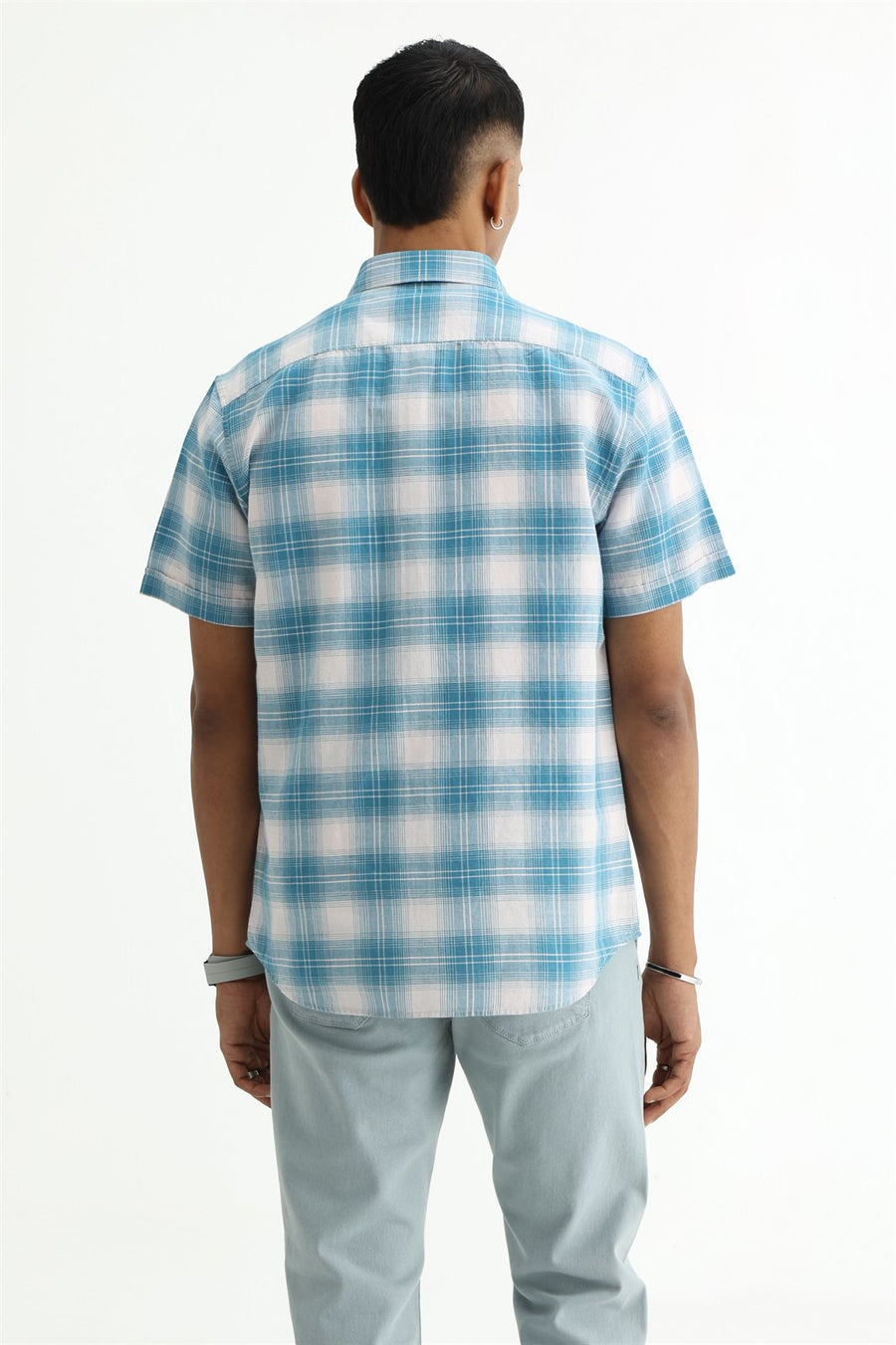 BASICS SLIM FIT YELLOW COTTON LINEN CHECKS HALFSLEEVES SHIRT
