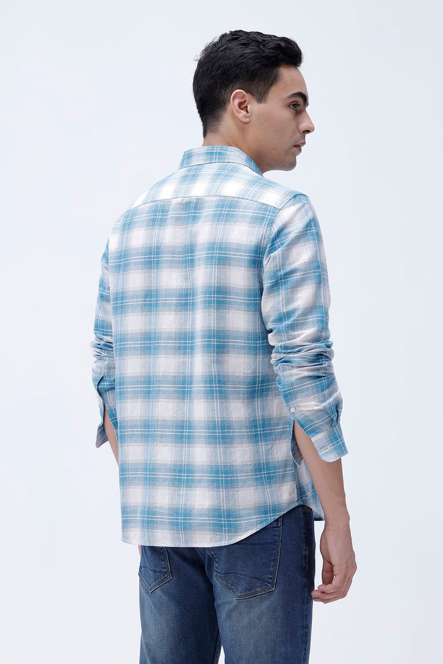 BASICS SLIM FIT YELLOW COTTON LINEN CHECKS SHIRT