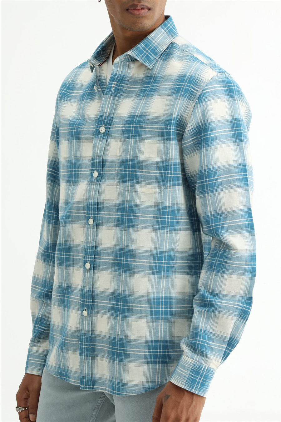 BASICS SLIM FIT YELLOW COTTON LINEN CHECKS SHIRT