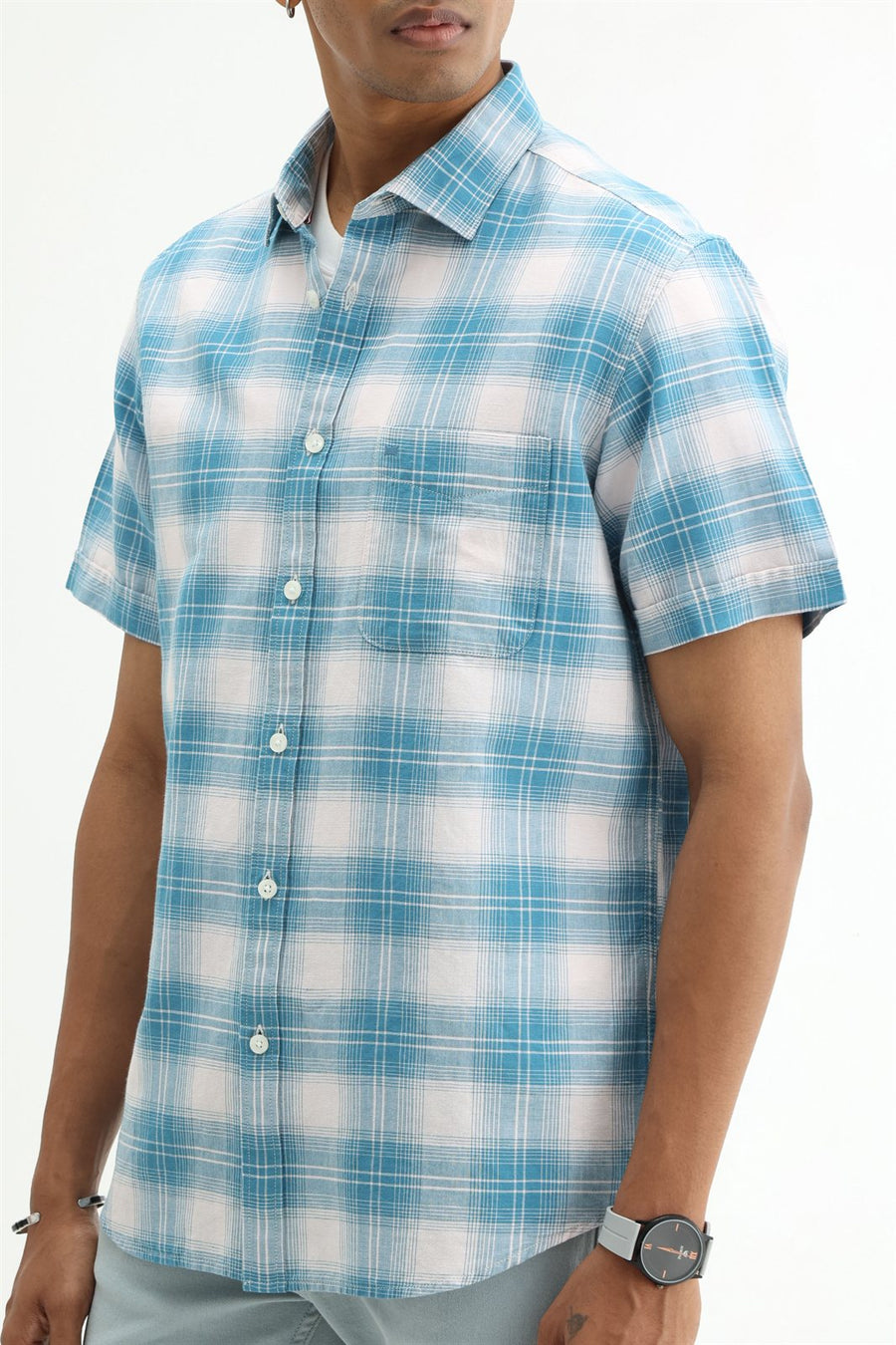 BASICS SLIM FIT YELLOW COTTON LINEN CHECKS HALFSLEEVES SHIRT