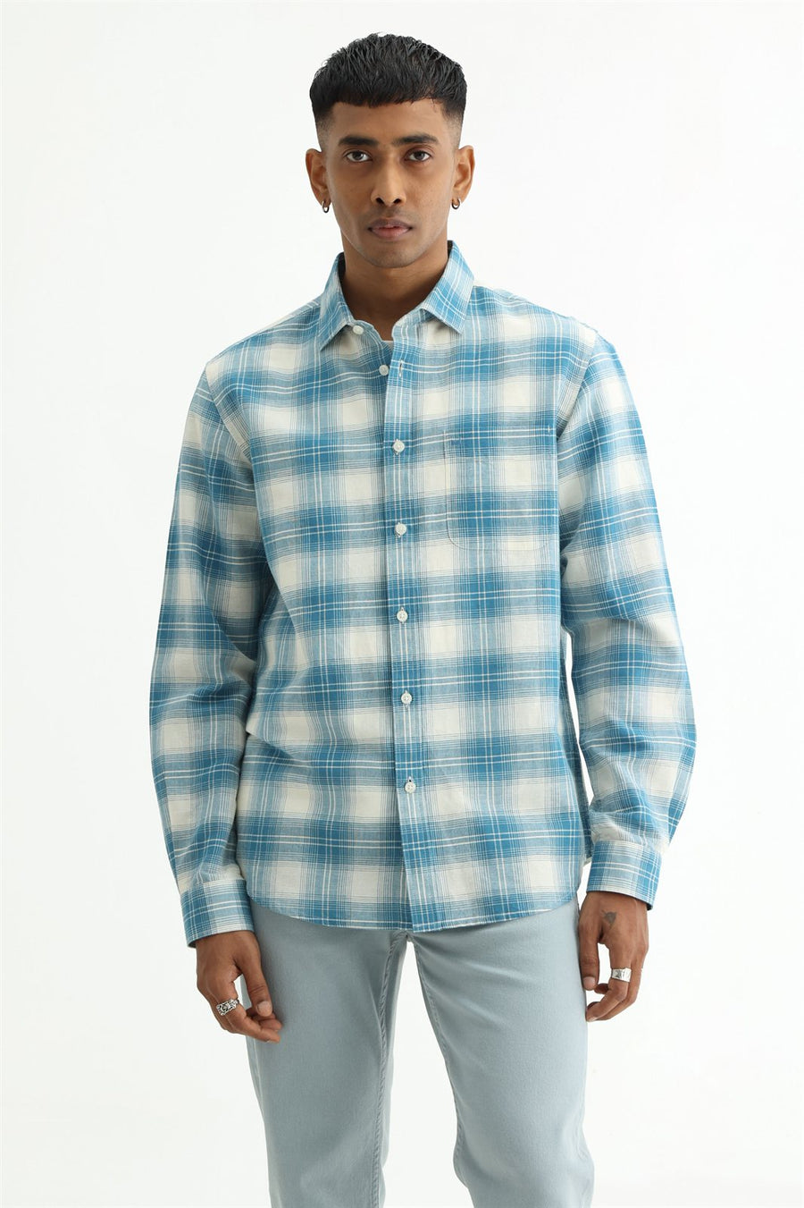 BASICS SLIM FIT YELLOW COTTON LINEN CHECKS SHIRT