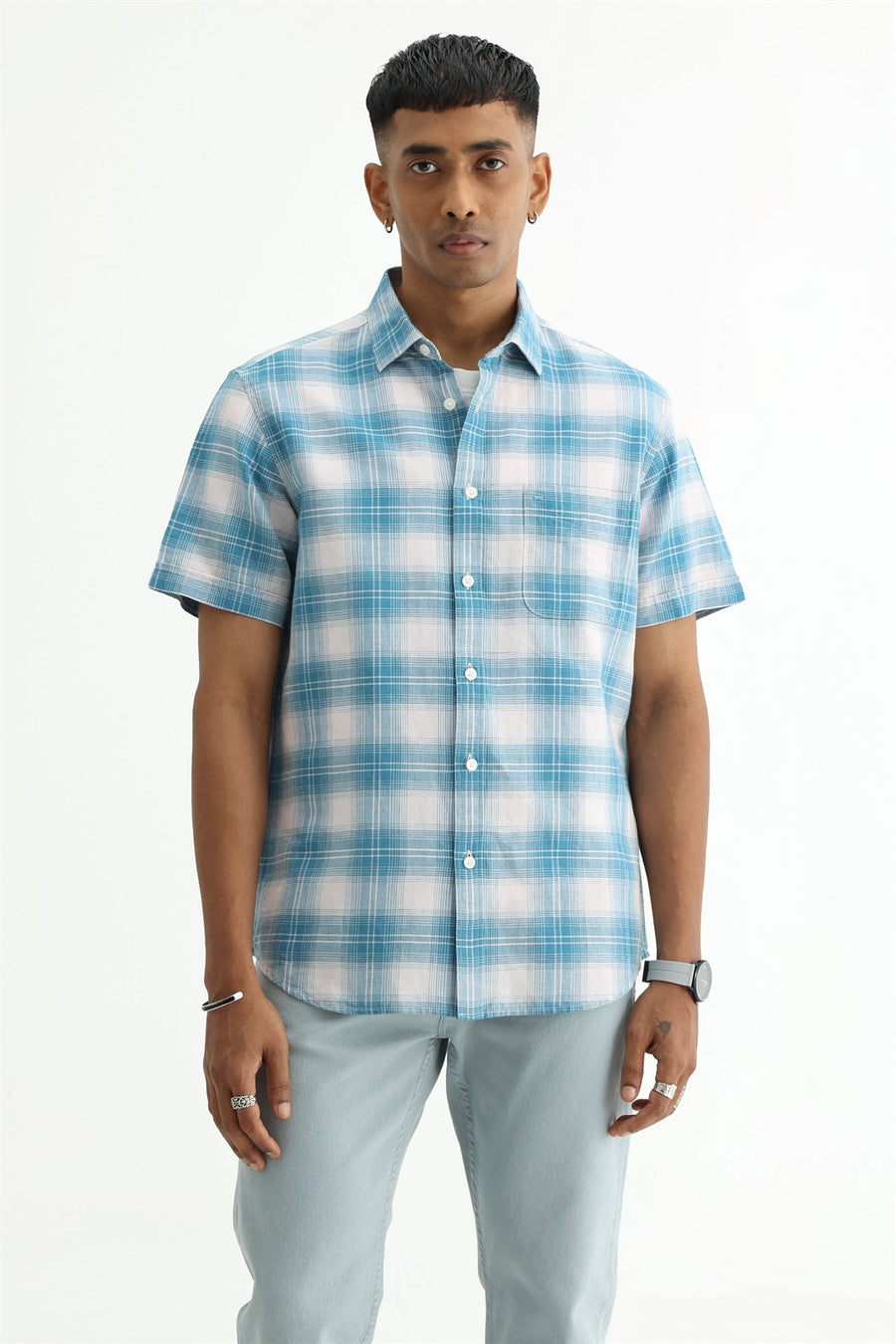BASICS SLIM FIT YELLOW COTTON LINEN CHECKS HALFSLEEVES SHIRT