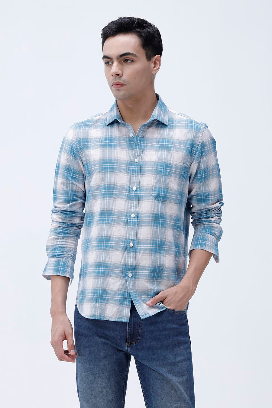 BASICS SLIM FIT YELLOW COTTON LINEN CHECKS SHIRT