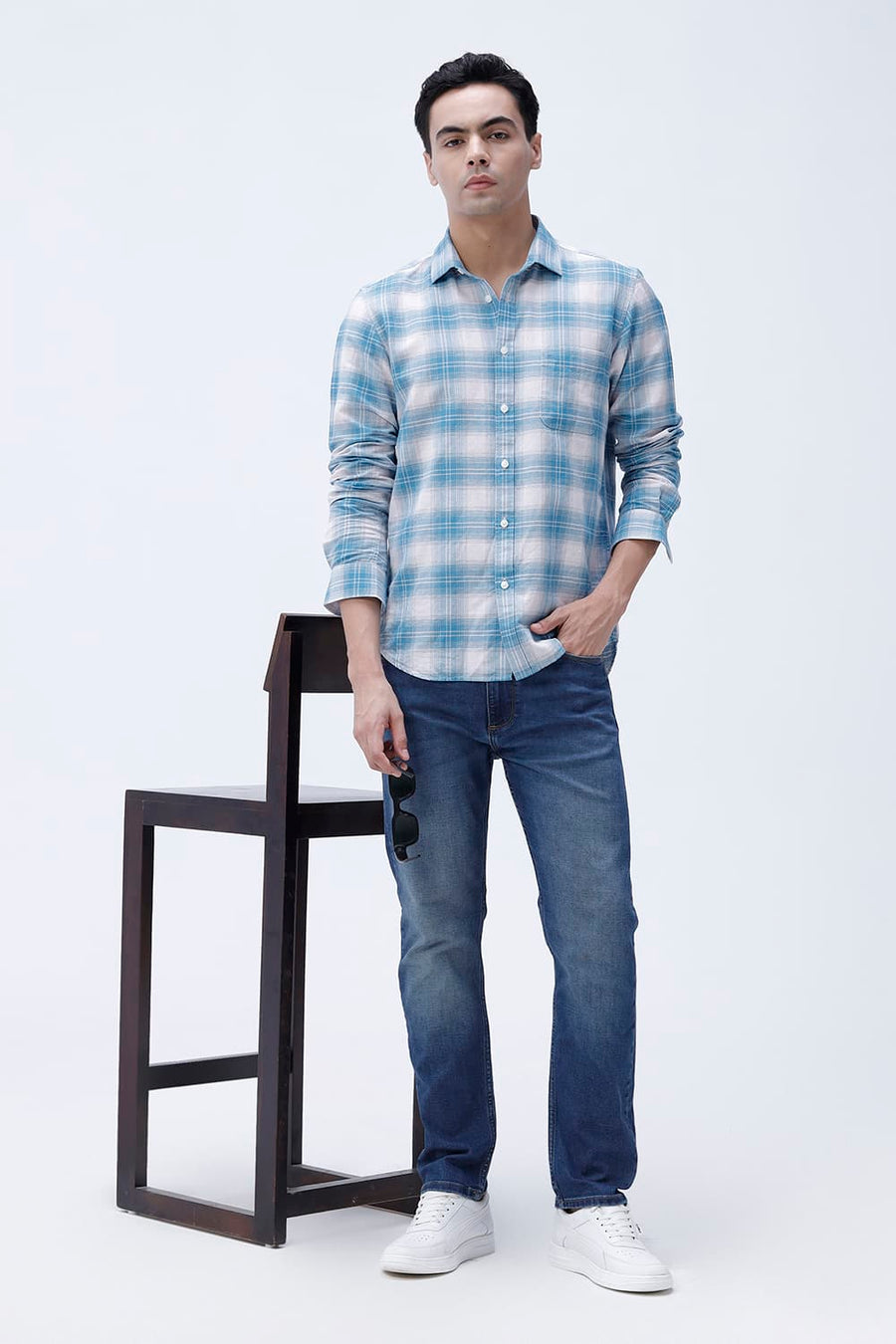 BASICS SLIM FIT YELLOW COTTON LINEN CHECKS SHIRT