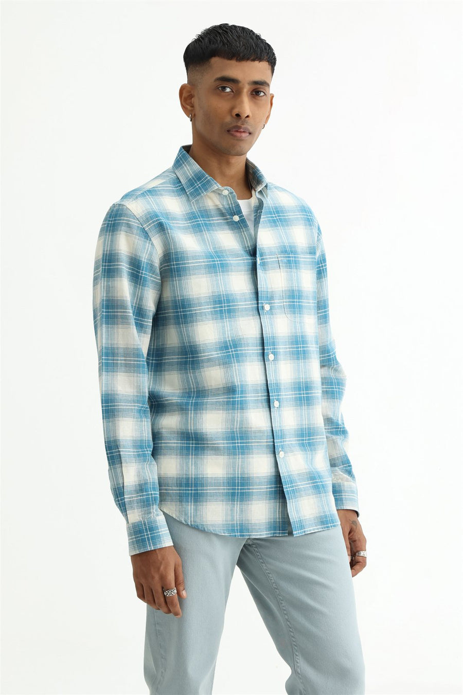 BASICS SLIM FIT YELLOW COTTON LINEN CHECKS SHIRT