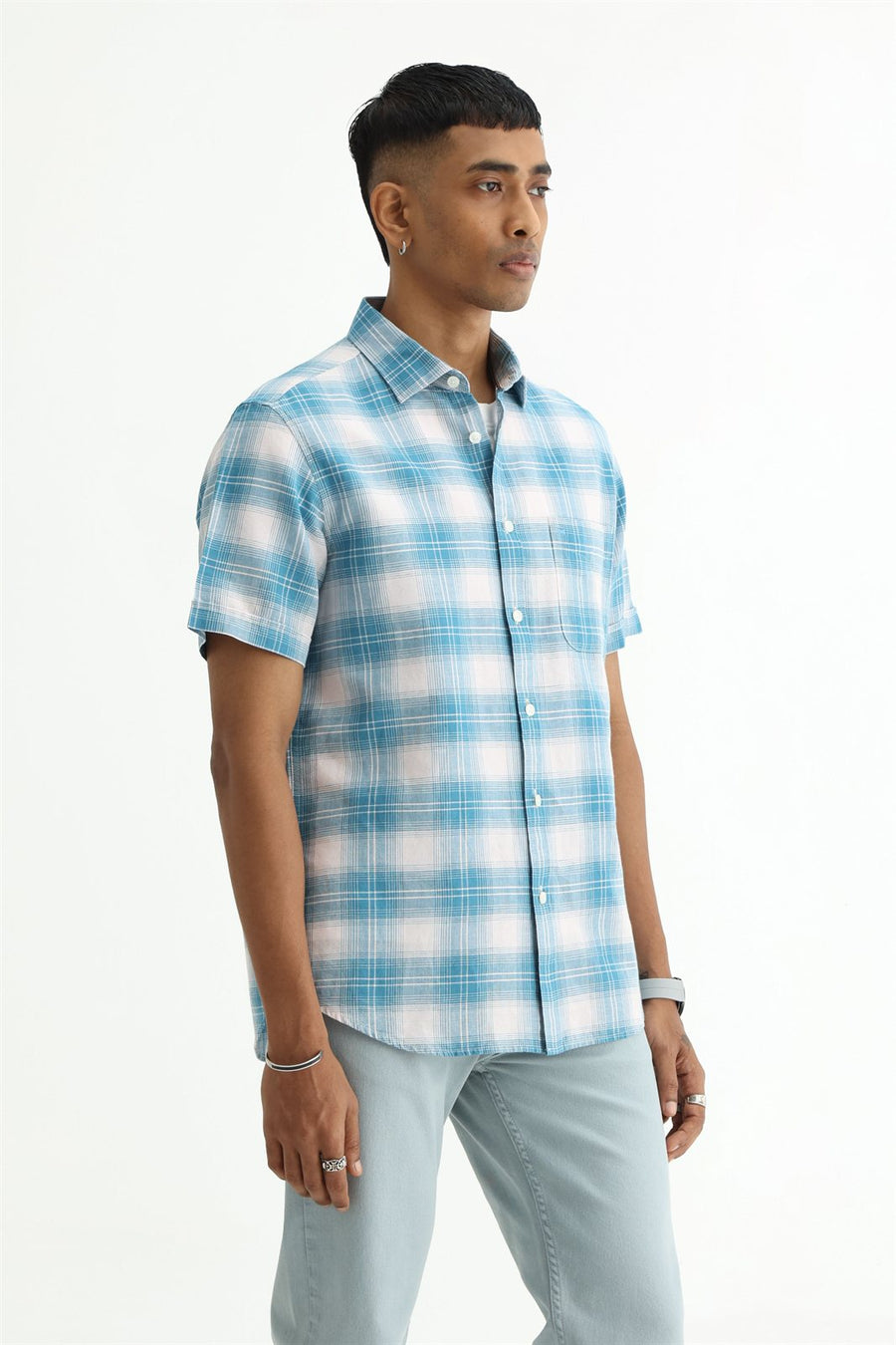 BASICS SLIM FIT YELLOW COTTON LINEN CHECKS HALFSLEEVES SHIRT