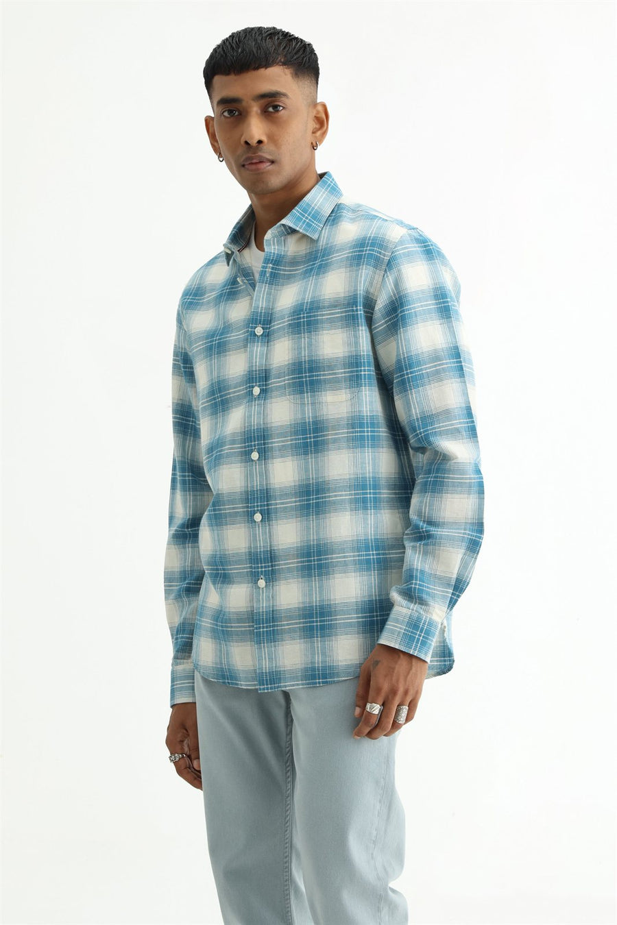BASICS SLIM FIT YELLOW COTTON LINEN CHECKS SHIRT