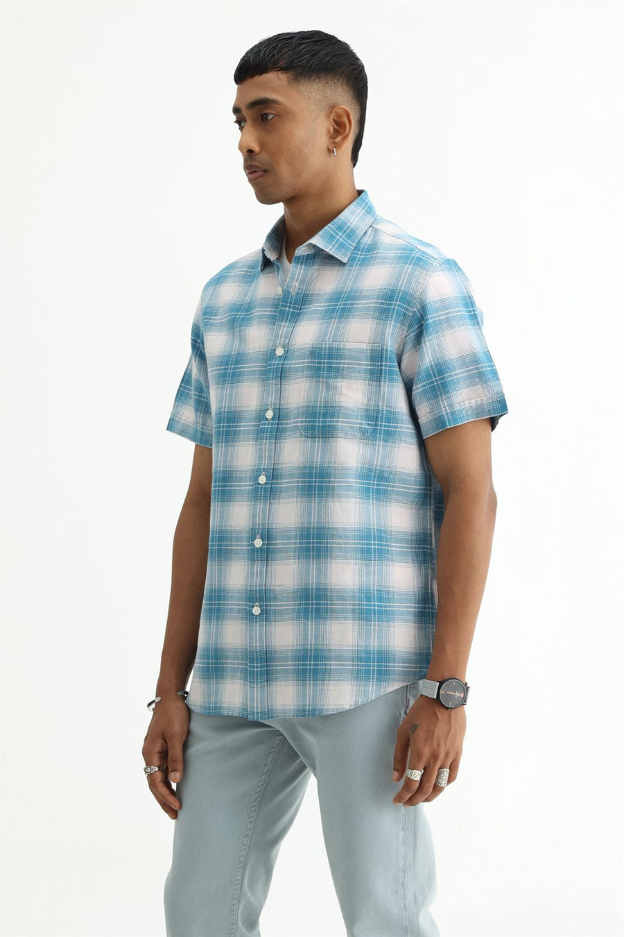 BASICS SLIM FIT YELLOW COTTON LINEN CHECKS HALFSLEEVES SHIRT