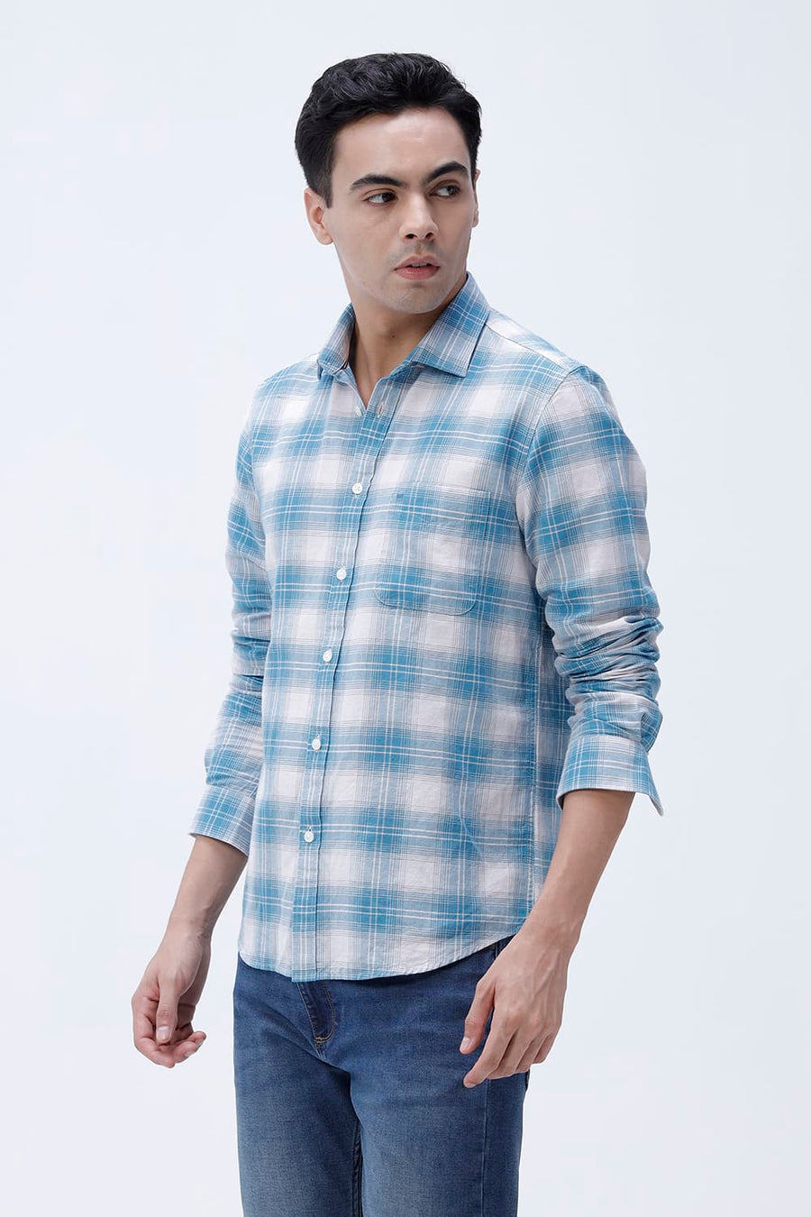 BASICS SLIM FIT YELLOW COTTON LINEN CHECKS SHIRT