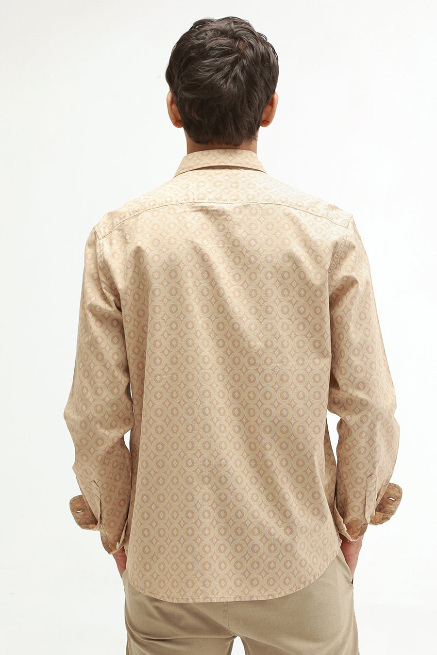 BASICS SLIM FIT NAVY COTTON VISCOSE PRINTED SHIRT