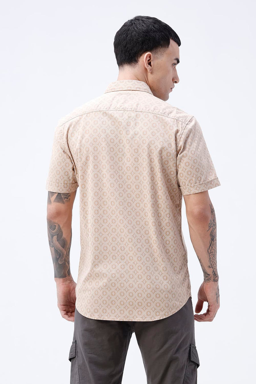 BASICS SLIM FIT NAVY COTTON VISCOSE PRINTED HALFSLEEVES SHIRT