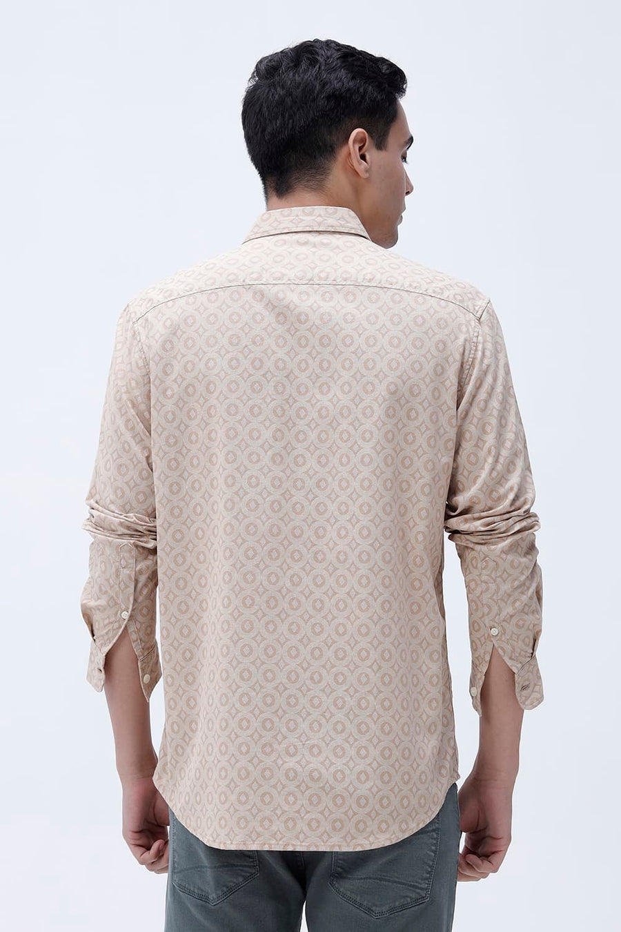 BASICS SLIM FIT NAVY COTTON VISCOSE PRINTED SHIRT