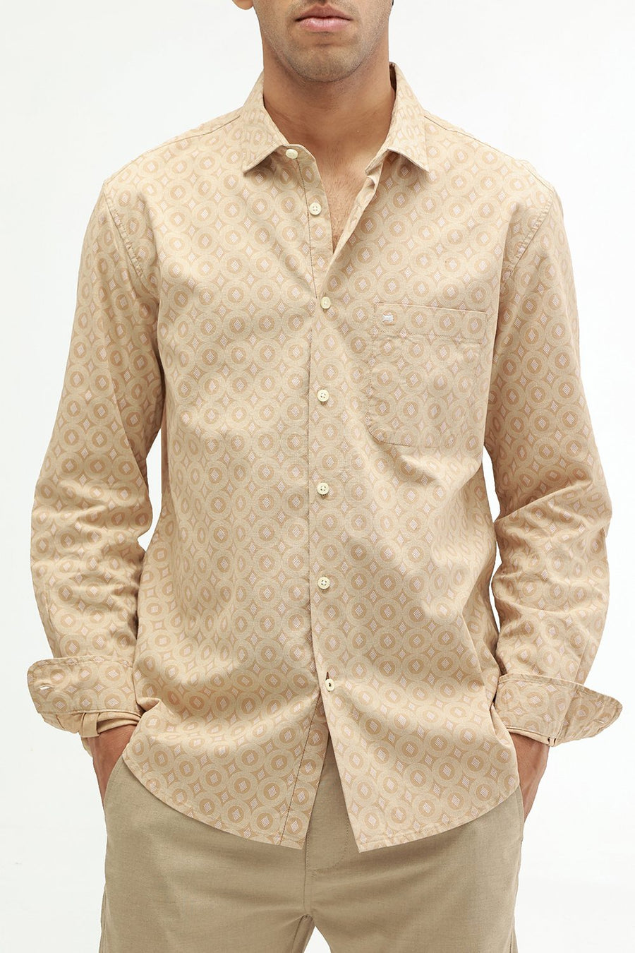 BASICS SLIM FIT NAVY COTTON VISCOSE PRINTED SHIRT