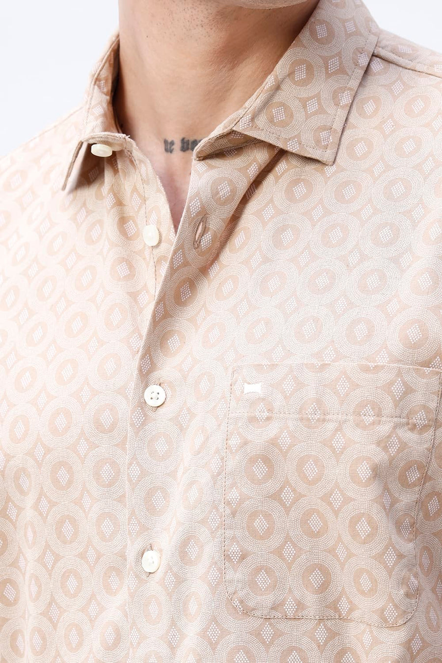 BASICS SLIM FIT NAVY COTTON VISCOSE PRINTED HALFSLEEVES SHIRT