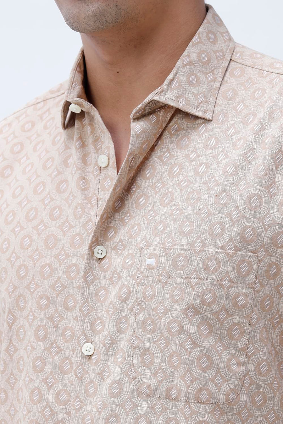 BASICS SLIM FIT NAVY COTTON VISCOSE PRINTED SHIRT