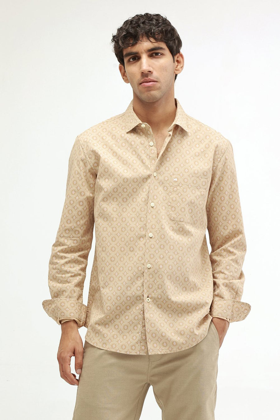 BASICS SLIM FIT NAVY COTTON VISCOSE PRINTED SHIRT