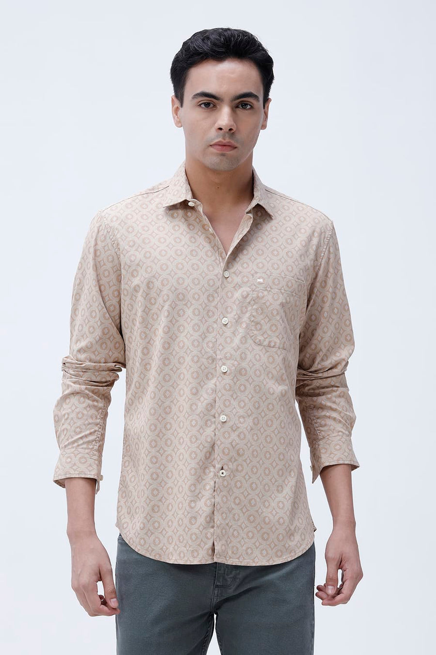 BASICS SLIM FIT NAVY COTTON VISCOSE PRINTED SHIRT