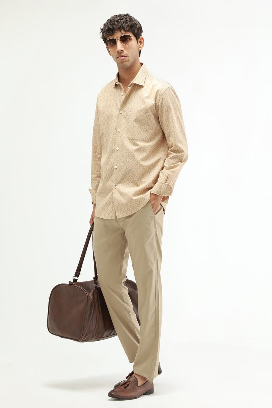 BASICS SLIM FIT NAVY COTTON VISCOSE PRINTED SHIRT
