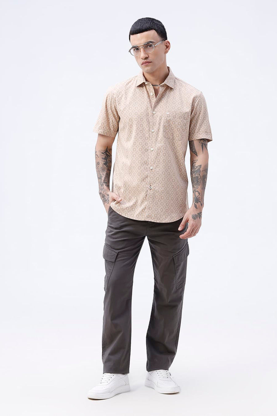 BASICS SLIM FIT NAVY COTTON VISCOSE PRINTED HALFSLEEVES SHIRT