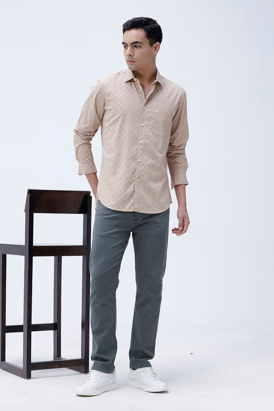 BASICS SLIM FIT NAVY COTTON VISCOSE PRINTED SHIRT