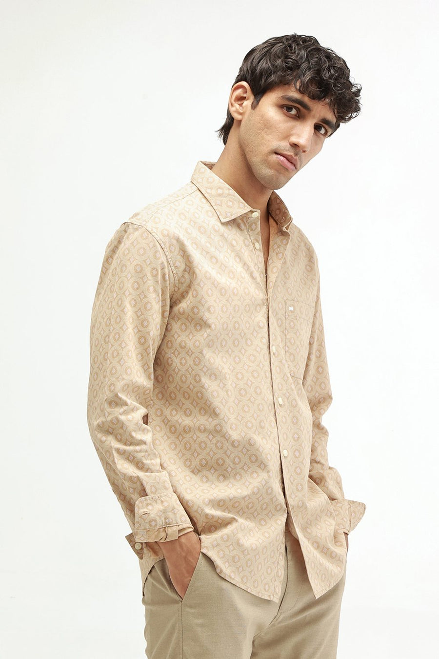 BASICS SLIM FIT NAVY COTTON VISCOSE PRINTED SHIRT
