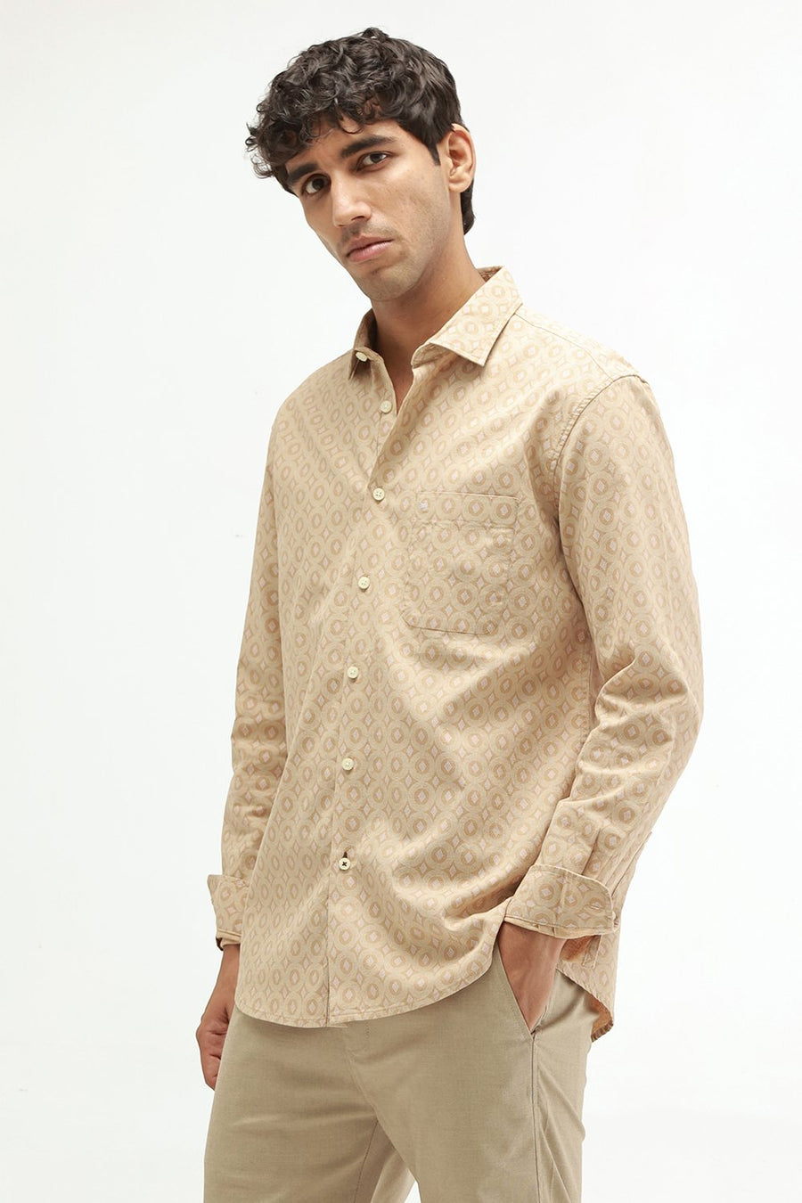 BASICS SLIM FIT NAVY COTTON VISCOSE PRINTED SHIRT